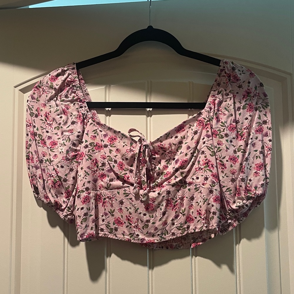 Floral Pink Cropped Peasant Top with Tie Front